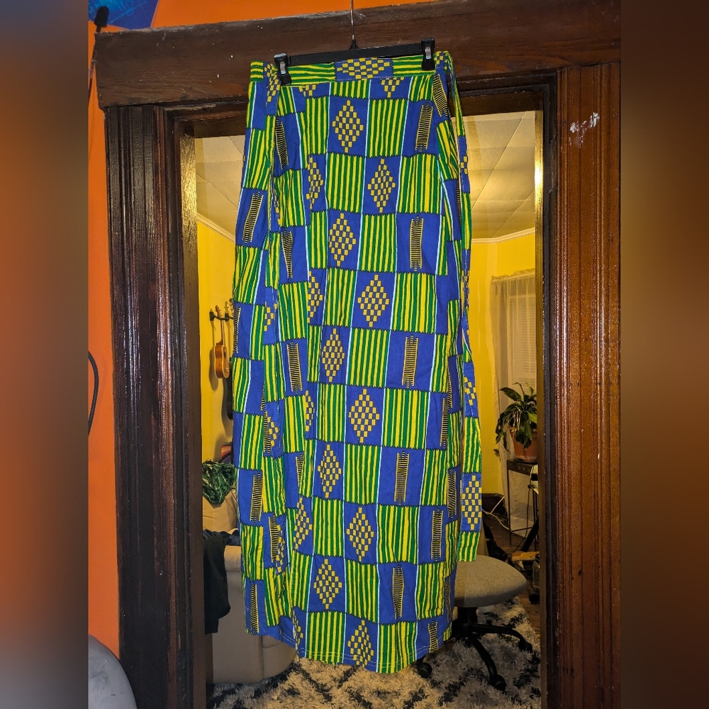 Kente African Print Vibrant Blue and Green Patterned long wrap Skirt w pockets